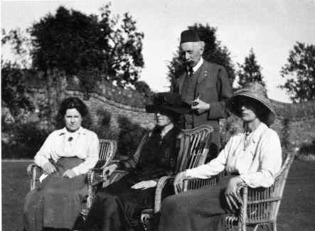 William Bateson with his wife Beatrice (centre) and two of his later research associates, Miss Cayley (left) and Miss Pellew (right) in 1919. Beatrice Bateson appears to be in black, perhaps still in mourning for the loss of her eldest son John in 1918 in the 1914-18 war. The picture is from David Lipset's biography of Bateson and his son Gregory, with the permission of M. C. Bateson.