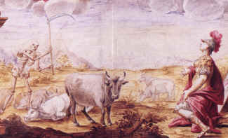 Allegorical depiction of the outbreak of cattle plague (1713-14) near Bologna, the ancient Etruscan city of Felsina. This is a detail from an engraving from Insignia Degli Anziani del Commune Dal 1530 al 1796, which appears in Veterinary Medicine: An Illustrated History by R. H. Dunlop and D. J. Williams. Published 1996 by Mosby, New York.