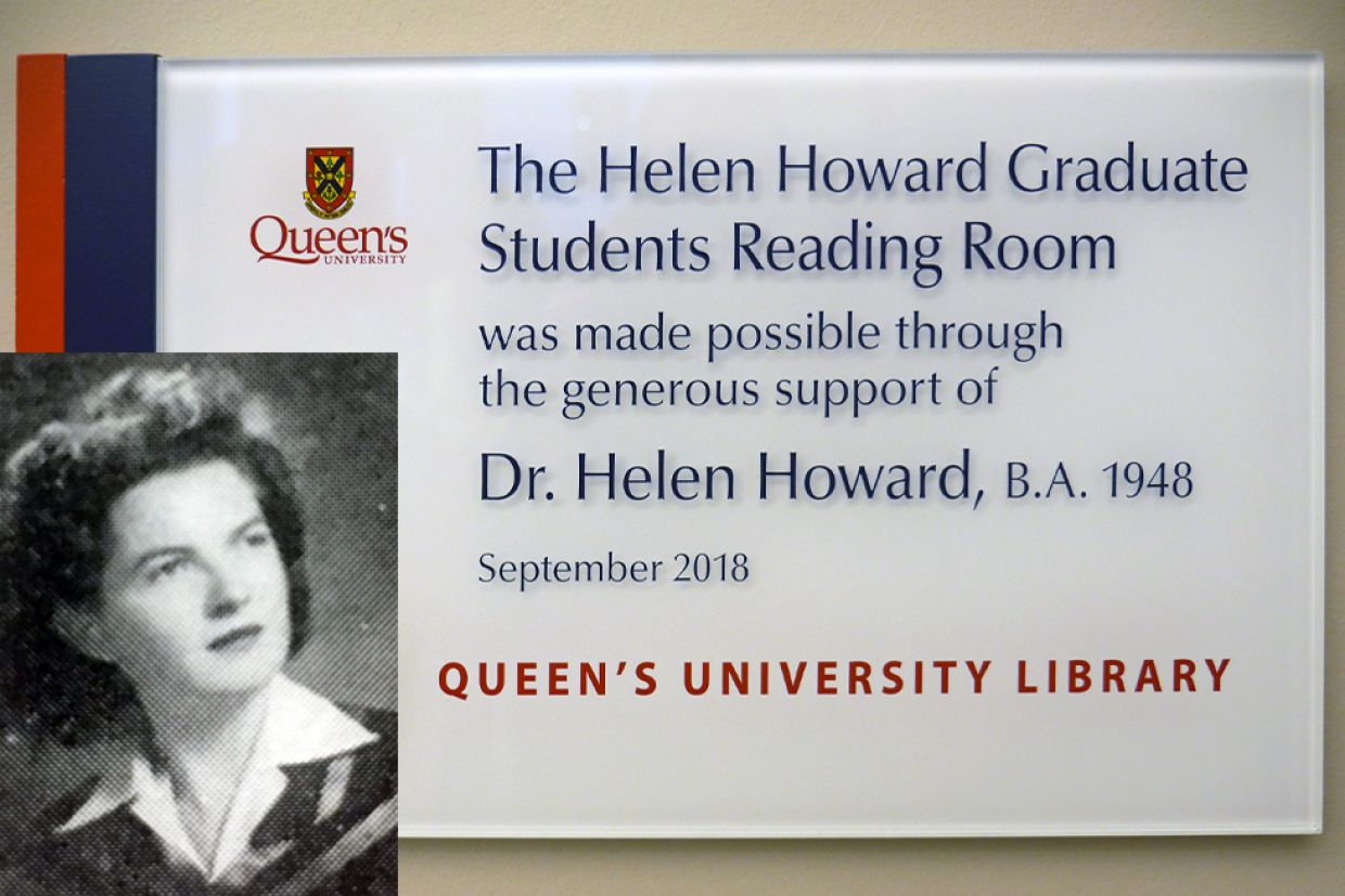 Helen Howard Graduate Student Reading Room sign, with an smalled hedshot of Helen from the Tricolour Yearbook.