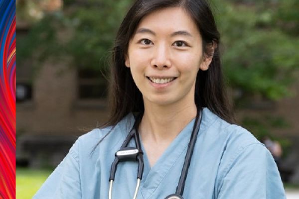 Stephanie Zhou smiling wearing a bule shirt, with a stethoscope around her neck 