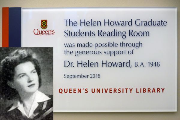 Helen Howard Graduate Student Reading Room sign, with an smalled hedshot of Helen from the Tricolour Yearbook.