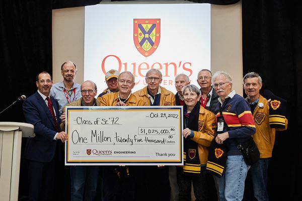 Dean Kevin Deluzio (far left) accepts a cheque from members of the Class of Sc'72.