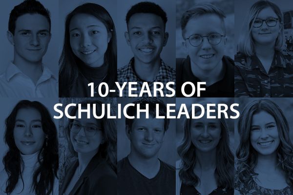 10 years of Schulich Leaders at Queen's. The image shows a collage of this year's 10 Schulich Leaders, with a blue tint.