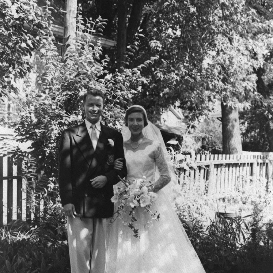 Old photo of David Leighton and Margaret Leighton on their wedding day.