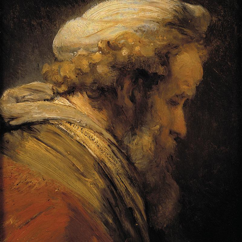 Portrait of a Man with Arms Akimbo is an excellent example of Rembrandt's later ruwe, or rough, style, as is Head of a Man in A Turban (c.1661)