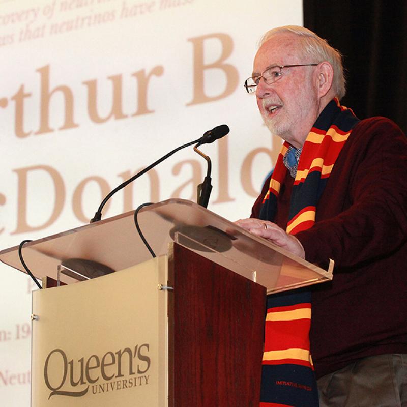 Professor Emeritus Arthur McDonald speaking during the "Big Bang Send-off" event in Grant Hall