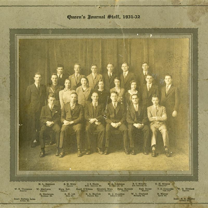 1932 Queen's Journal staff portrait. Men and women pose in three rows looking at the camera.