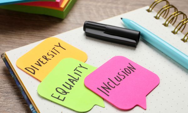 Post-it notes with the words Diversity, Equality and Inclusion written on them.