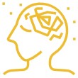 yellow icon of a human head with the brain as curvy lines and dots around it