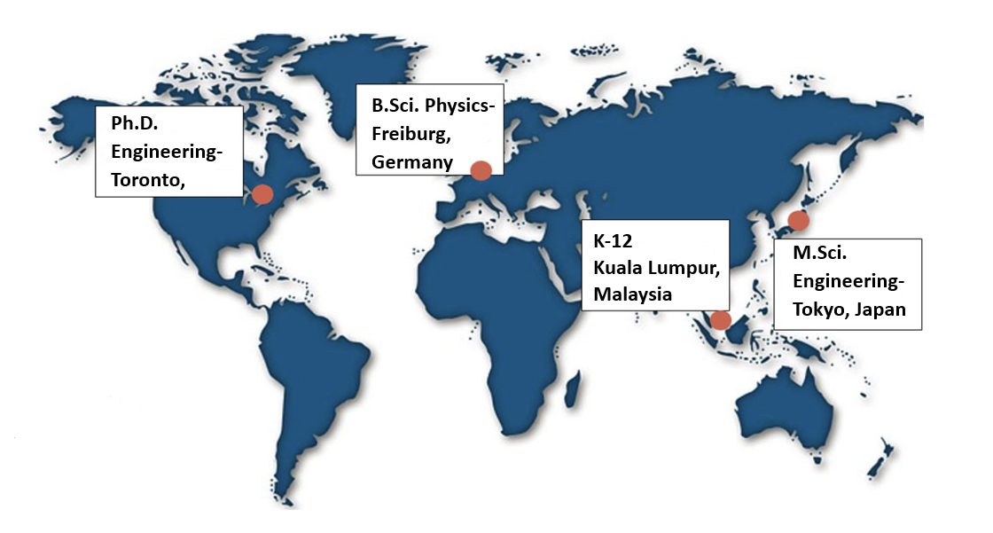 World map with land mass in blue with 4 orange dots marking a student's program and location: Ph.D. Engineering - Toronto; S.Sc. Physics - Freiburg, Germany; K-12 - Kuala Lumpur, Malaysia; M.Sc. Engineering - Tokyo, Japan