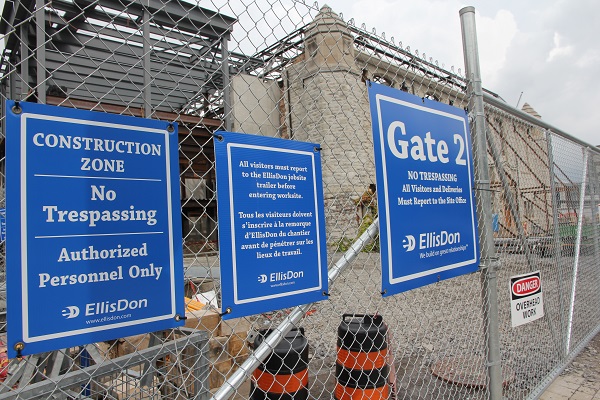 Gate 2 of the Innovation and Wellness Centre construction site, facing Union Street.