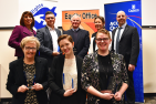 2017 Tri-Award recipients, along with the Provost and Deputy Provost (Academic Operations and Inclusion). L-R, back to front: Erin LeBlanc, Michael Fisher, Ian Casson, Deputy Provost Teri Shearer, Provost Benoit-Antoine Bacon, Tricia Baldwin, Charlotte Johnston, Em Osborne. (University Communications)