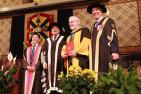 Nobel laureate and Professor emeritus Art McDonald, third from left, stands with Rector Cam Yung, Principal Daniel Woolf, and Chancellor Jim Leech, after receiving an honorary degree from Queen's University at the Wednesday, June 7 convocation ceremony. (Photo by Bernard Clark)