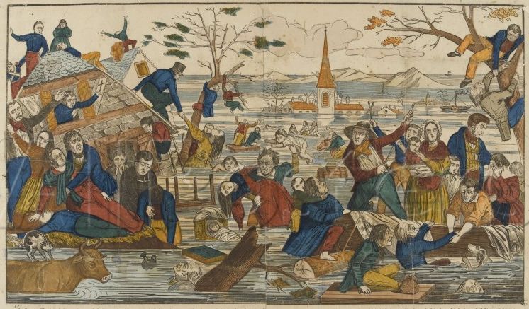 A medieval manuscript image featuring a flood and people scrambling for safety