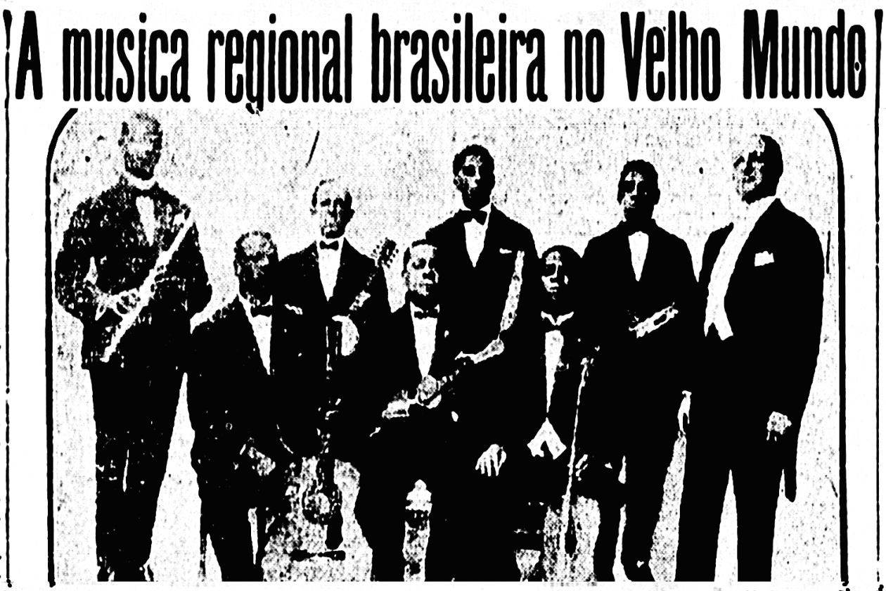 A black and white scan of a newspaper featuring 8 men in tuxedos holding various instruments