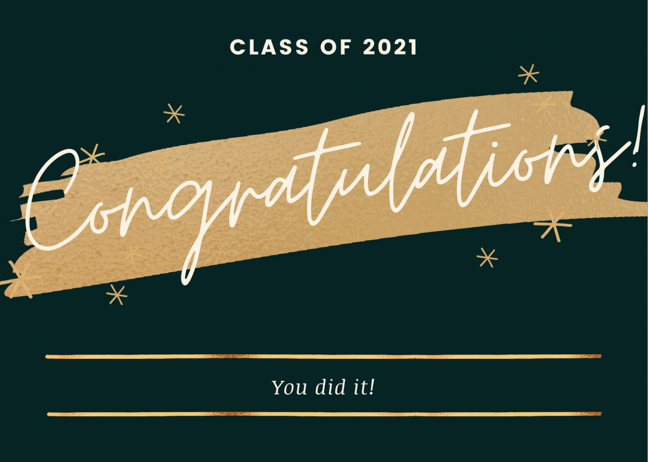 Image that reads class of 2021 congratulations!