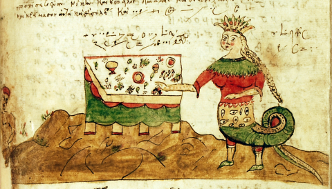 An image of a manuscript featuring someone with a tail standing over a table with many small containers