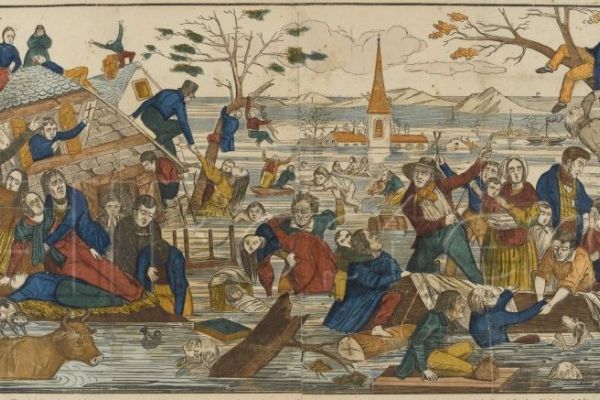 A medieval manuscript image featuring a flood and people scrambling for safety