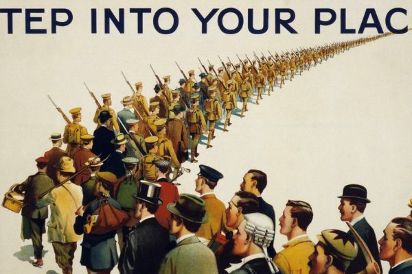 A war poster showing men marching wearing professional attire at the start of a long line gradually transitioning into all men wearing military uniforms with text that reads "Step into your place"