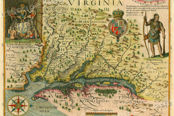 An image of a map from 1612 by John Smith outlining the locations and names of Indigenous Peoples throughout the Virginia and Chesapeake Bay areas.