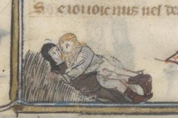 An image of a miniature from a medieval manuscript showing a man and a women laying in the hay together