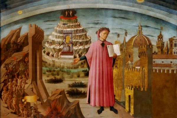 A painting of a man in a pink robe standing between the mountain of purgatory and the city of Florence