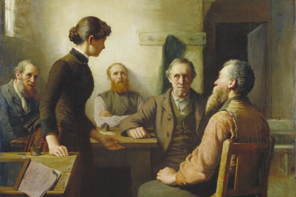 Image of the painting A Meeting of the School Trustees from 1885 by Robert Harris. Depicts a female schoolteacher addressing the seated male trustees. 