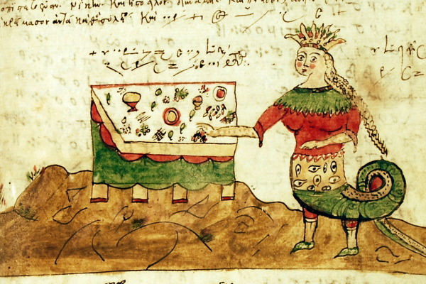 An image of a manuscript featuring someone with a tail standing over a table with many small containers