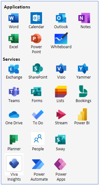 A screenshot of the Microsoft services available to active staff and faculty.