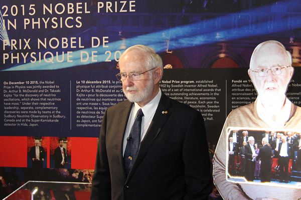 Professor Emeritus and Nobel Prize Laureate Art McDonald at the opening day of the exhibit at Canada House, London