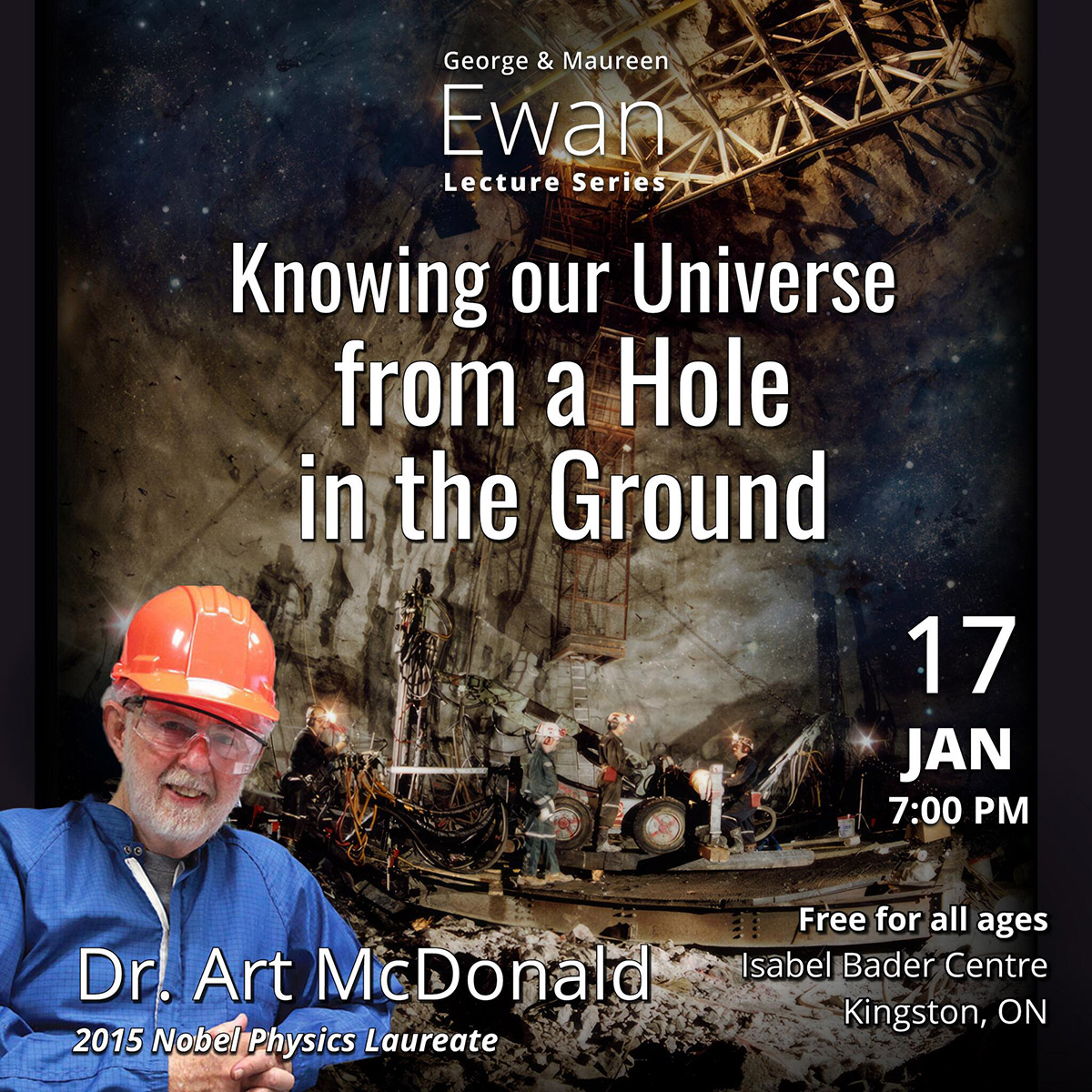 Event poster of Art McDonald in front of a picture of the excavation of the SNO cavity 2km underground. Highlights the event date of Jan 17th, at the Isabel Bader Centre.