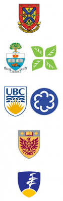 Progression of logos of institutions where Dr. Rauh studied and worked. From top down, Queen's University, University of Toronto and Sunnybrook Hospital, UBC and BC Cancer Agency, McMaster, and Laurentian