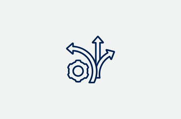 Blue line icon of a gear with an arrow, representing flexibility