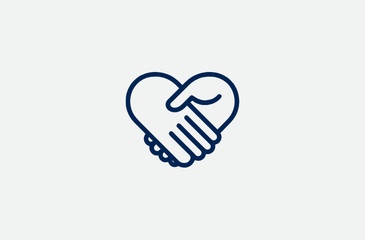 A heart logo with two hands clasped together, representing connection and support