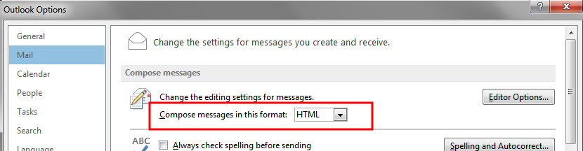 Set H T M L as the default for composing messages