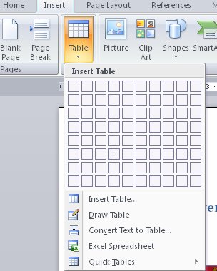 creating a table in Outlook