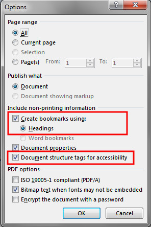 screenshot of selecting options to create a tagged p d f in the options dialogue window
