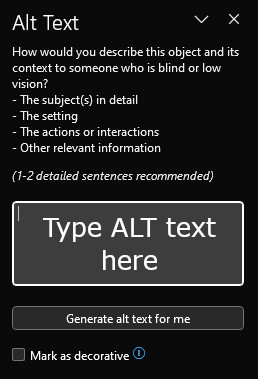 screenshot of the alternate text pane in word indicating where to input alt text