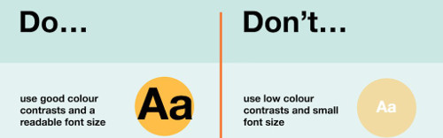 use good colour contrast and readable font size and don't use low colour contrast and small fonts