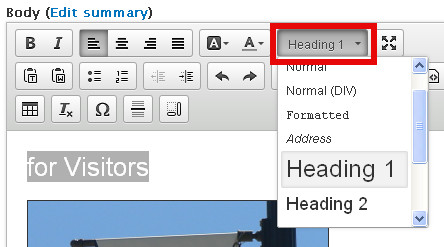 screenshot making a heading using the format drop-down list in Webpublish