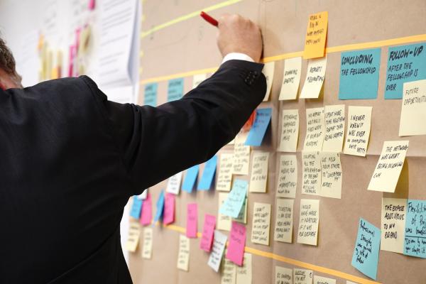 Man making a mind map with sticky notes on a board. 
