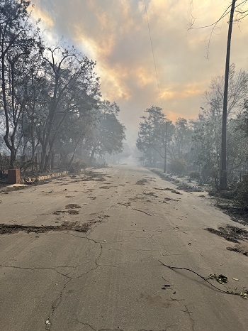A smoke-filled street.