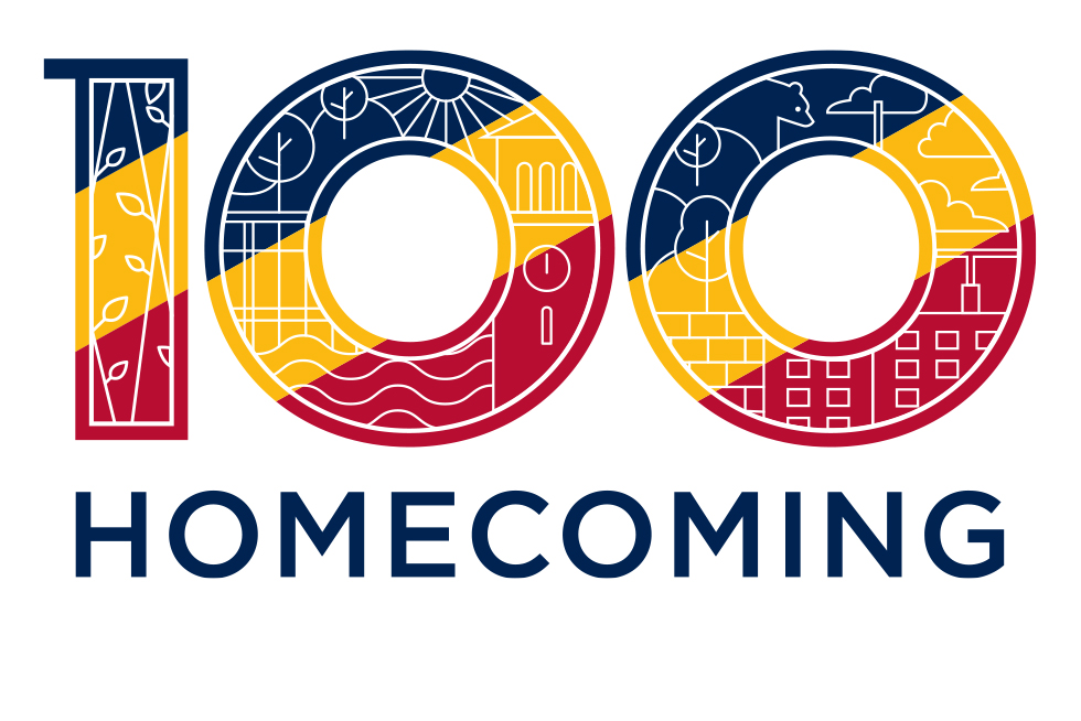 Banner of the Homecoming 100, showing a number 100 with the colours of Queen's along with beautiful illustrations related to the campus and other signature elements.