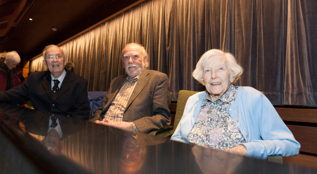 George (L) and Maureen Ewan (R) surround Nobel Laureate and inaugural Ewan Lecturer Dr. Barry Barish, Linde Professor of Physics, emeritus California Institute of Technology.