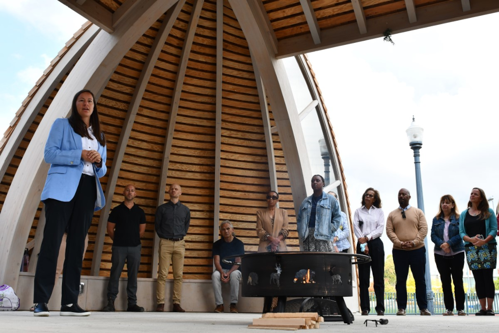 Senior Director, Student Inclusion, Equity, and Belonging Kandice Baptiste discusses the purpose and uses for the new space during the opening event.