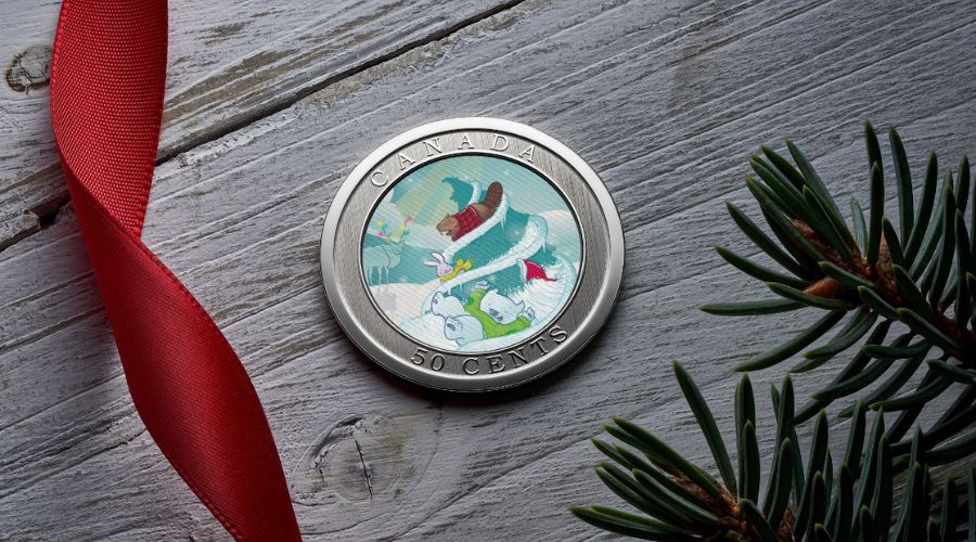 A Christmas coin featuring a festive scene, illustrated by Emily Chen, BFA’98, showcasing holiday cheer.