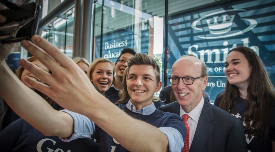 Students take selfies with Stephen Smith, Sc’72, during the announcement of his historic gift on October 1, 2015.