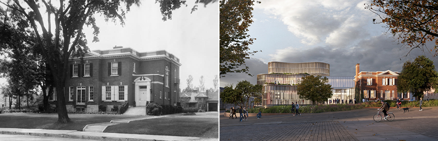 Left: Agnes Etherington's home from the 1930s-40s; right: a rendering of the new addition next to the preserved house.
