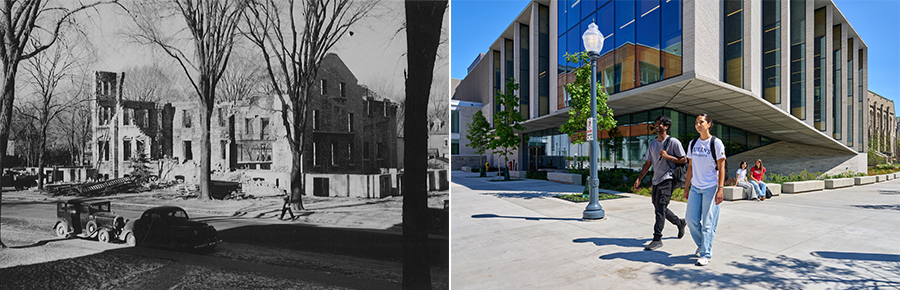 Side-by-side images: the first is the Students’ Memorial Union after the 1947 fire; the second shows the modern JDUC at Queen's University.