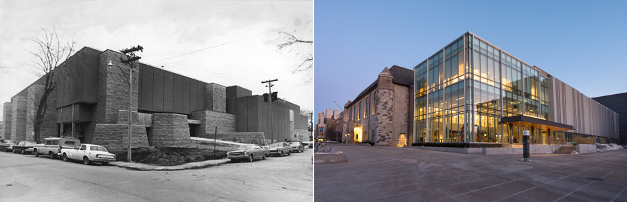 Side-by-side comparison of Jock Harty Arena in the 1970s and Mitchell Hall today, showing architectural changes over time.
